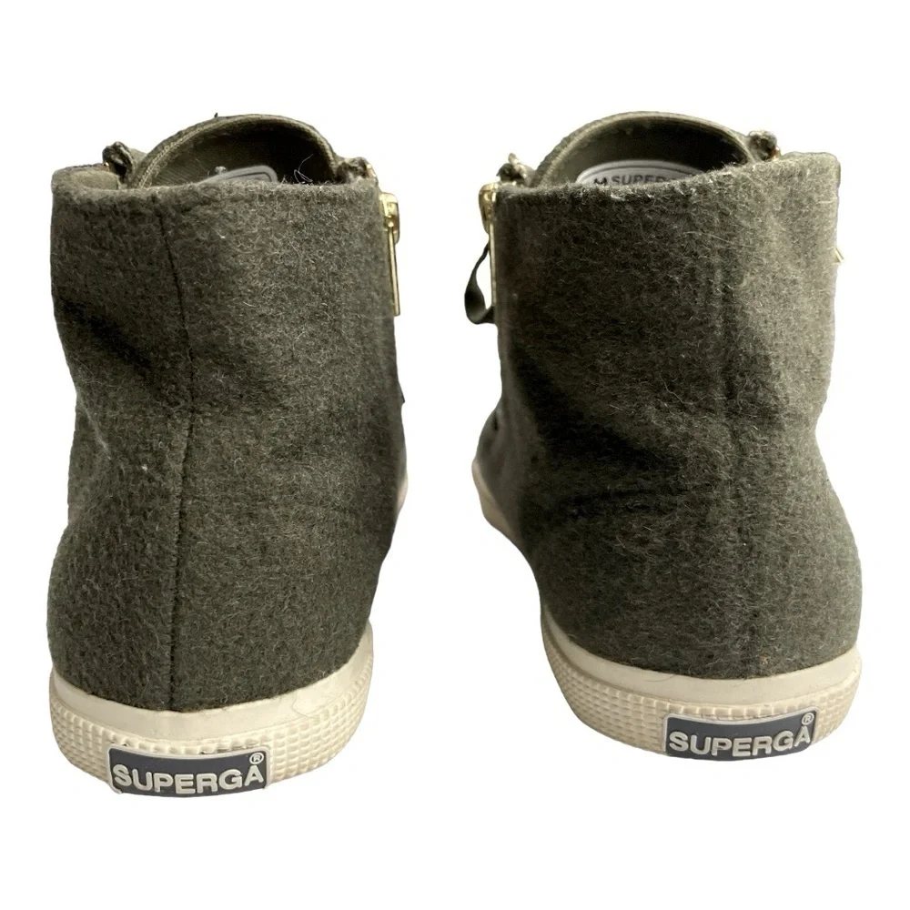 Superga Olive Wool Felt High Top Sneakers zipper, laces size 37 1/2 = 7 US